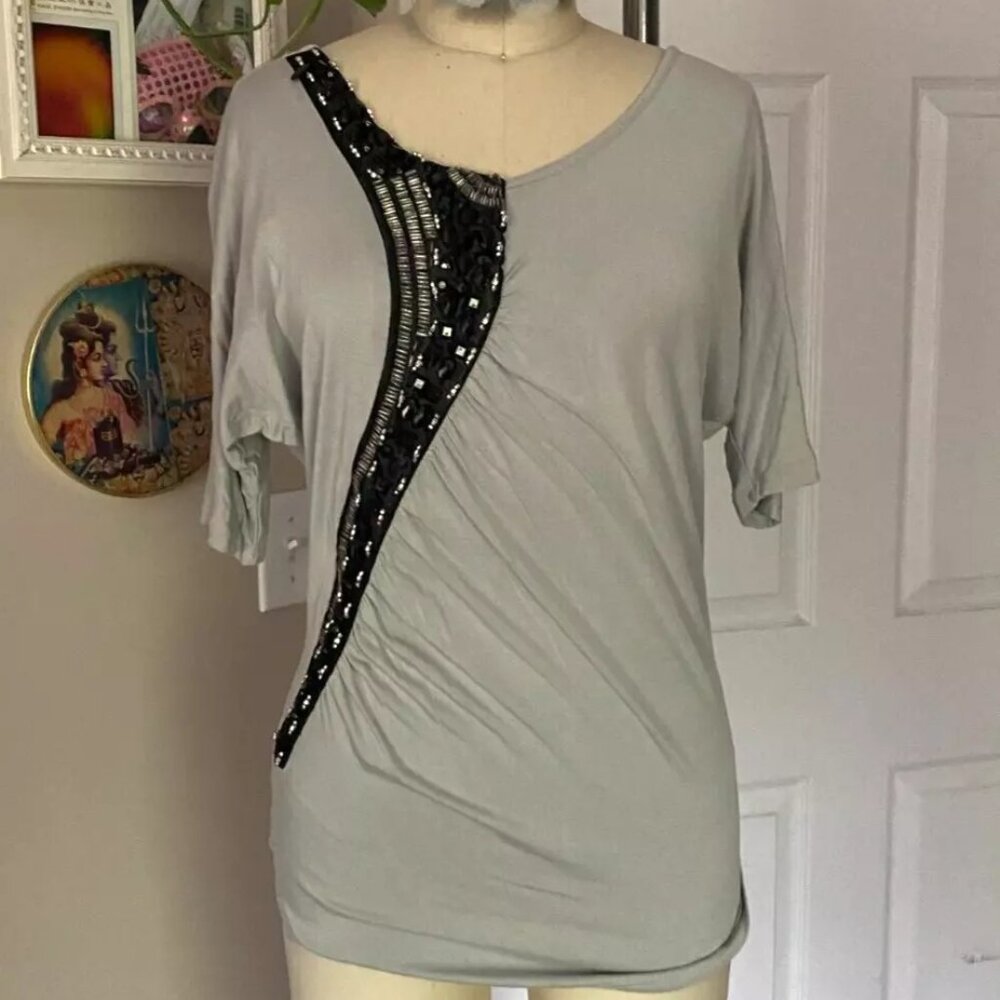MCM Gray Rayon Y2K Draped ruched Sequined BEADED Stretch Top shirt *SMALL*